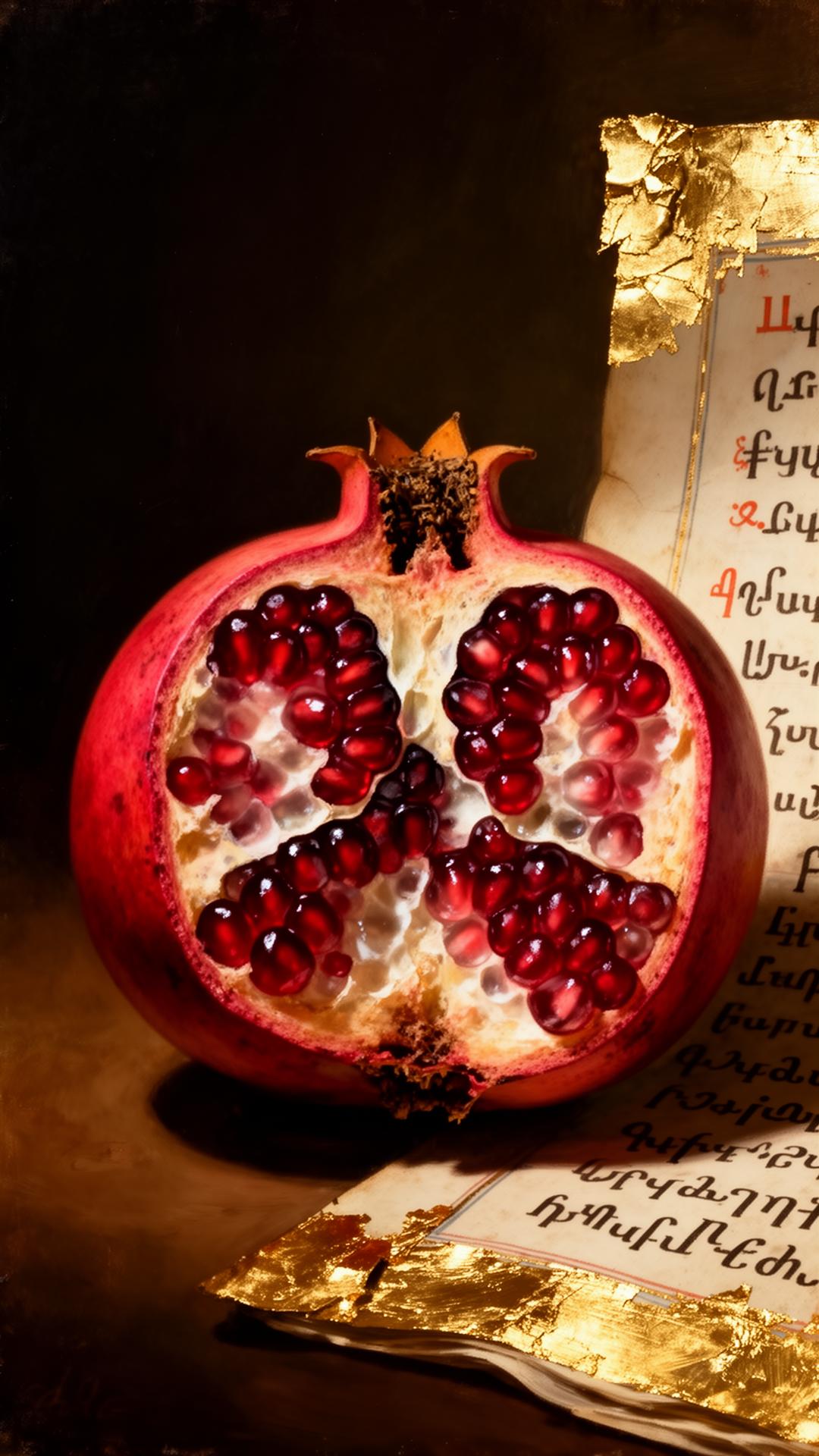 Armenian pomegranate beside an illuminated manuscript